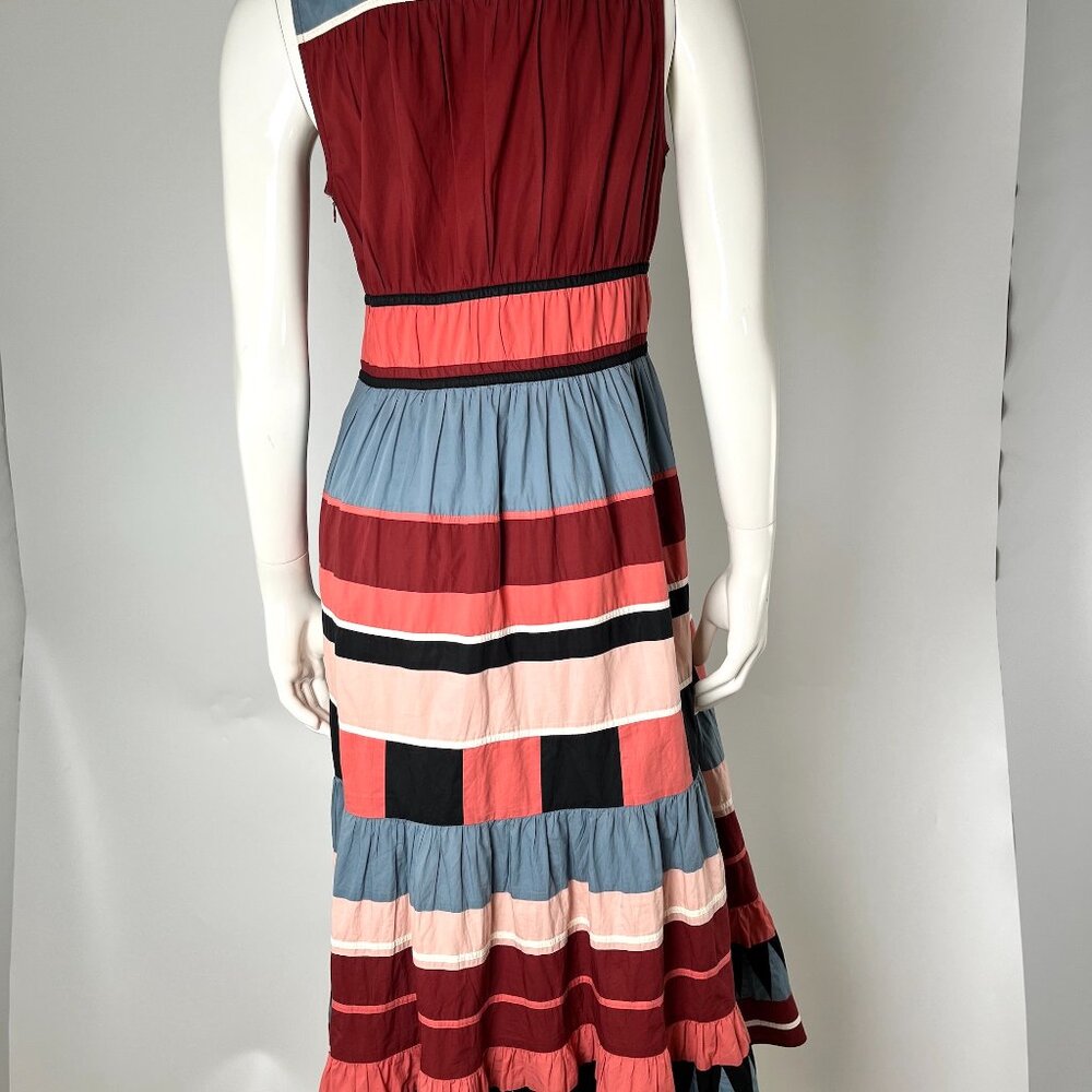 Authentic Ulla Johnson V Neck Midi Striped Cotton Blue Burgundy Sleeveless Dress - Picture 2 of 7